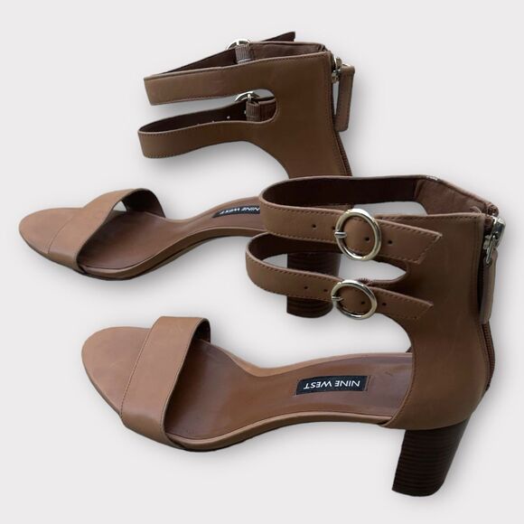 Nine West Tan Leather Sandals Women Sz 9.5 Double Ankle Strap Block Heel Elegant - Picture 4 of 8